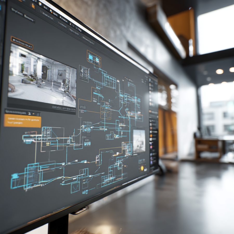 Module 2 — studio with large display showing VR interaction blueprints