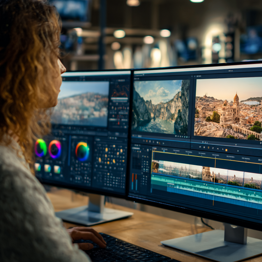 Module 4 — person editing video on dual monitors